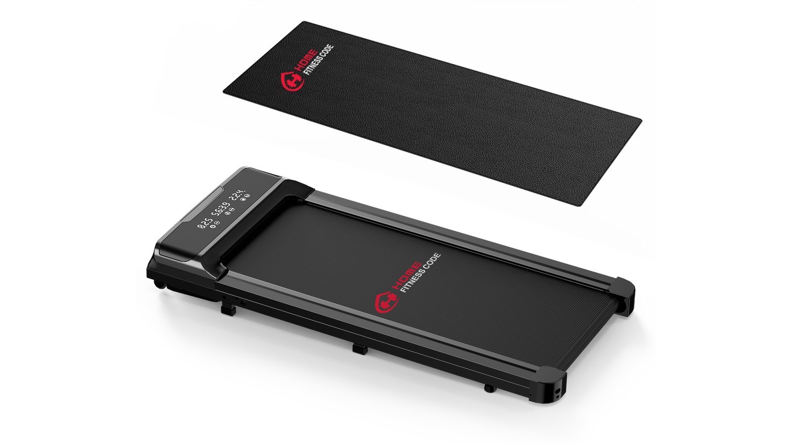 Home Fitness Code Q2 Pro gåbånd med sort beskyttelsesmåtte, der dæmper trinstøj i lejlighed